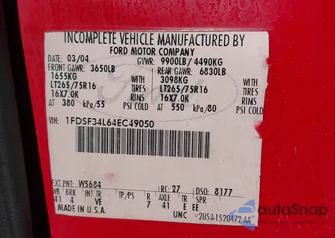 2004 Ford F-350 Xl/Xlt из США, поврежденный, VIN 1FDSF34L64EC49050